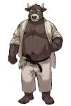  2023 amamiya anthro belly big_belly bodily_fluids bottomwear bovid bovine cattle clothing humanoid_hands kemono male mammal moobs navel nipples overweight overweight_male pants simple_background solo sweat white_background 