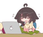  2girls =_= ahoge animal_ear_fluff animal_ears black_hair blonde_hair closed_eyes collared_shirt computer flying_sweatdrops fox_ears fox_girl fox_tail green_shirt grey_sweater hair_between_eyes hair_bun hair_ornament highres kemomimi-chan_(naga_u) laptop long_sleeves lying multiple_girls naga_u naga_u-chan on_stomach pleated_skirt puffy_long_sleeves puffy_sleeves purple_skirt ribbon-trimmed_legwear ribbon_trim sailor_collar shirt short_eyebrows simple_background skirt sleeves_past_fingers sleeves_past_wrists sparkle sweater tail thick_eyebrows thighhighs white_background white_sailor_collar white_shirt white_thighhighs 