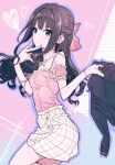  1girl bare_shoulders black_hair bloom_into_me15 blouse bow bracelet casual closed_mouth earrings green_eyes hair_bow heart highres idolmaster idolmaster_cinderella_girls jacket jewelry looking_at_viewer necklace pink_shirt shibuya_rin shirt skirt smile solo unworn_jacket v_over_mouth 