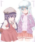  2girls akatsuki_(kancolle) az_toride baseball_cap black_hair blue_eyes blue_ribbon cabbie_hat closed_mouth collared_shirt dress dress_shirt feet_out_of_frame grey_hair hat hibiki_(kancolle) hood hoodie kantai_collection long_hair multiple_girls neck_ribbon official_alternate_costume pleated_skirt purple_dress purple_eyes red_dress ribbon shirt skirt smile white_headwear 