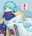  ! 1boy blue_mittens blue_scarf chien-pao commentary_request green_eyes green_hair grusha_(pokemon) headpat highres jacket long_sleeves looking_down male_focus pokemon pokemon_(creature) pokemon_(game) pokemon_sv scarf scarf_over_mouth signature spoken_exclamation_mark striped striped_scarf upper_body yellow_jacket yuu_(hguy_sv) 