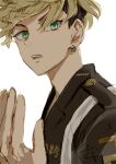  1boy blonde_hair commentary_request earrings green_eyes hoop_earrings jewelry male_focus matsuno_chifuyu nori20170709 open_mouth simple_background single_earring solo teeth tokyo_revengers twitter_username undercut upper_teeth_only white_background 