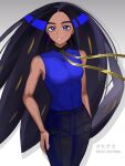  1girl bare_arms black_hair black_pants blue_eyes blue_shirt breasts commentary_request covered_collarbone dark-skinned_female dark_skin dated eyelashes forehead geeta_(pokemon) grey_background grin highres long_hair molingxiang_chimangguo neck_ribbon pants pokemon pokemon_(game) pokemon_sv ribbon shirt sleeveless sleeveless_shirt smile solo sparkle teeth yellow_ribbon 