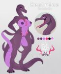  2023 altrika anthro big_breasts breasts english_text female generation_7_pokemon genital_tattoo genitals hi_res long_neck long_tail markings model_sheet navel navel_piercing nintendo open_mouth piercing pokemon pokemon_(species) salazzle simple_background smile solo tail tattoo text womb_tattoo 