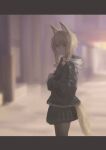  1girl animal_ear_fluff animal_ears black_jacket black_pantyhose black_skirt blonde_hair blurry blurry_background closed_mouth fox_ears fox_girl fox_tail hood hood_down hooded_jacket jacket letterboxed long_sleeves looking_at_viewer nito_(nshtntr) original pantyhose short_hair_with_long_locks skirt solo tail 