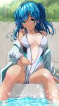  1girl aigami_shion blue_eyes blue_hair blurry blurry_background breasts breasts_apart closed_mouth collarbone commentary_request competition_swimsuit crotch day front_zipper_swimsuit garter-velvet grey_jacket highres jacket long_hair long_sleeves looking_at_viewer meme_attire navel one-piece_swimsuit original outdoors pool poolside sitting small_breasts smile solo swimsuit tan tanlines white_one-piece_swimsuit 