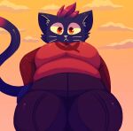  2022 amber_eyes anthro atsuineko belly big_breasts biped black_bottomwear black_clothing black_jeans black_pants blue_body blue_fur bottomwear breasts clothed clothing cloud denim denim_clothing dipstick_tail domestic_cat felid feline felis female fur hair hand_on_hip hi_res jeans looking_at_viewer looking_down low-angle_view mae_borowski mammal markings night_in_the_woods outside overweight overweight_anthro overweight_female pants portrait red_hair shirt sky solo sunset tail tail_markings thick_thighs three-quarter_portrait tight_clothing topwear whiskers 