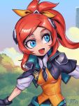  1girl :d bangs battle_academia_lux black_capelet black_gloves black_necktie capelet day forest gloves green_eyes grey_shirt hair_ornament hair_ribbon league_of_legends looking_to_the_side lux_(league_of_legends) nature necktie open_mouth orange_ribbon orange_vest outdoors phantom_ix_row red_hair ribbon shiny_skin shirt side_ponytail smile solo translation_request vest 