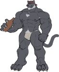  2023 3_toes abs anthro armpit_hair barazoku beard biceps body_hair chest_fur claws clothed clothing digital_media_(artwork) facial_hair feet felid fur grey_body grey_fur halsteinb happy_trail hat headgear headwear hi_res holding_object jack_(ara_chibi) jockstrap male mammal muscular muscular_anthro muscular_male muscular_thighs navel nipples pantherine partially_clothed pecs pubes quads smile snaggle_tooth solo thick_thighs toe_claws toes underwear whiskers 