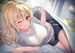  1girl :p bedroom black_shorts blonde_hair blush breasts chest_of_drawers closed_mouth collarbone covered_nipples curtains highres indoors lamp large_breasts long_hair looking_at_viewer lying midriff_peek navel oku_1225 on_bed on_side one_eye_closed original red_eyes shirt short_shorts short_sleeves shorts sidelocks smile solo tongue tongue_out white_shirt window 