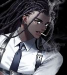  1boy artist_name black_eyes black_hair black_necktie chest_harness cigarette close-up collared_shirt dark-skinned_male dark_skin dreadlocks earrings harness jewelry koshika_rina looking_at_viewer male_focus necktie original portrait shirt smoke solo white_shirt 