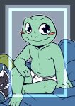  absurd_res amphibian anthro bed belly big_eyes blush bulge clothed clothing frog furniture green_body hi_res i_think_i_like_you male mostly_nude navel on_bed saku1saya sitting sitting_on_bed smile solo solo_focus theodore_(i_think_i_like_you) underwear underwear_only white_clothing white_underwear 