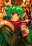  1girl 2022 absurdres animal_ears antlers artist_name cup dated deer_ears disposable_cup english_commentary green_eyes green_hair haruka_karibu highres holding holding_cup jacket long_hair long_sleeves outdoors reindeer_antlers reindeer_girl scarf shinomiya_arts snow solo upper_body virtual_youtuber vshojo watermark 