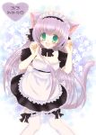  1girl 2000s_(style) :d animal_ears apron avatar_(mabinogi) back_bow black_bow black_bowtie black_choker black_dress blush bow bowtie breasts cat_day cat_ears cat_girl cat_tail choker cleavage dress frilled_choker frilled_sleeves frills green_eyes hands_up heart light_purple_hair long_hair mabinogi maid maid_apron maid_headdress medium_breasts open_mouth original paw_pose puffy_short_sleeves puffy_sleeves purple_tail ribbon-trimmed_legwear ribbon_trim shararan short_sleeves smile solo standing tail tail_raised thighhighs very_long_hair white_apron white_bow white_thighhighs 