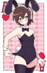  1girl absurdres aile_(mega_man_zx) alternate_costume animal_ears bare_shoulders black_bow black_bowtie black_leotard black_thighhighs blush bow bowtie breasts brown_hair buzzlyears closed_mouth collarbone covered_navel fake_animal_ears fake_tail green_eyes highres leotard leotard_pull looking_at_viewer medium_breasts mega_man_(series) mega_man_zx playboy_bunny rabbit_ears rabbit_tail short_hair solo tail thighhighs wrist_cuffs 