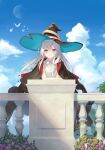  1girl absurdres against_railing azuuru bird black_cape black_headwear blue_bow blue_eyes blue_headwear blue_sky blush bow braid bush cape cloud cover cover_image crossed_arms elaina_(majo_no_tabitabi) flower hair_bow hat highres leaning_forward long_hair looking_at_viewer majo_no_tabitabi moon novel_illustration official_art open_mouth outdoors pink_flower railing sky smile solo talisman textless_version tree two-sided_fabric two-sided_headwear white_hair witch_hat 