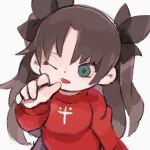  1girl black_hair black_ribbon chibi fate/stay_night fate_(series) hair_ribbon long_hair long_sleeves one_eye_closed open_mouth parted_bangs red_sweater ribbon simple_background solo sweater tohsaka_rin two_side_up upper_body white_background yukino_super 