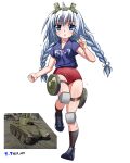  absurdres ahoge blue_eyes blue_shirt braid bt-7 buruma clothes_writing headgear highres knee_pads low_twintails military_vehicle motor_vehicle nisp_art personification red_bloomers running russian_text shirt soviet_army tank thigh_strap twintails war_thunder watermark wheel white_hair 