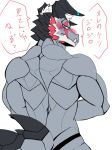  anthro back_muscles blue_eyes blush butt clothing dragon giansar grey_body grey_scales hair hi_res horn japanese_text jockstrap lifewonders live_a_hero male muscular muscular_anthro muscular_male scales solo starodinblack text underwear white_hair 