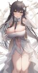  1girl absurdly_long_hair absurdres antlers areola_slip azur_lane bare_shoulders black_hair breasts brown_hair cleavage clothes_pull clothing_cutout crotch_cutout crotchless detached_collar dress dress_pull elbow_gloves feet_out_of_frame flower gloves green_eyes hair_flower hair_on_horn hair_ornament highres huge_breasts indomitable_(azur_lane) large_breasts long_hair looking_at_viewer mouth_hold navel navel_cutout pantyhose shiranui_(nisioisin_sinob) solo strapless strapless_dress thighs very_long_hair white_dress white_gloves white_pantyhose 