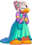  absurd_res avian bird blonde_hair blue_bag blue_clothing blue_dress blue_hair bracelet clothing club_penguin dot_(club_penguin) dress female full-length_portrait hair handbag hands_together hi_res jewelry looking_at_viewer medium_hair multicolored_hair official_art open_mouth penguin portrait purple_hair sleeveless_dress solo unknown_artist updo upper_teeth_only 