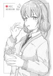  1girl annoyed blush buttons cardigan collared_shirt commentary_request eating fast_food food food_in_mouth french_fries greyscale hand_up highres holding holding_food long_sleeves looking_at_viewer low_twintails medium_hair monochrome necktie noiine_nort notice_lines recording school_uniform shirt simple_background solo spot_color tamura_yuri timestamp twintails upper_body viewfinder watashi_ga_motenai_no_wa_dou_kangaetemo_omaera_ga_warui! 