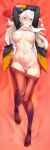  1girl absurdres arms_up ascot ass_visible_through_thighs blush braid clothes_pull dakimakura_(medium) fate/grand_order fate_(series) feet gainoob highres inverted_nipples long_hair looking_at_viewer mouth_hold navel nipples non-web_source olga_marie_animusphere orange_background orange_eyes orange_pantyhose panties pantyhose pantyhose_pull pink_panties red_ascot red_pantyhose side-tie_panties stomach thigh_gap thighs underwear untied_panties white_hair 