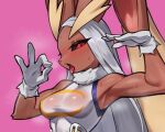  1girl animal_ears animal_nose armpits arms_up azuuart bare_shoulders black_sclera blush body_fur boku_no_hero_academia breasts breath brown_fur colored_sclera commentary cosplay cropped english_commentary fellatio_gesture forehead furry furry_female gloves grey_hair half-closed_eyes highres leotard long_hair looking_at_viewer lopunny medium_breasts mirko mirko_(cosplay) nose_blush open_mouth pink_background pointy_ears pokemon pokemon_(creature) rabbit_ears rabbit_girl red_eyes sidelocks simple_background skin_tight solo steam steaming_body sweat toned tongue tongue_out two-tone_fur upper_body white_gloves white_leotard yellow_fur 