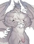  abs anthro balls biceps big_muscles blush blush_lines bodily_fluids claws clothing countershade_tail countershade_torso countershading disiwjd dragon english_text foreskin genitals grey_body hi_res holding_clothing holding_object horn humanoid_genitalia humanoid_penis jewelry jockstrap male membrane_(anatomy) membranous_wings mostly_nude muscular muscular_anthro muscular_male necklace necklace_only nipples nude pecs penis scales scar simple_background solo spread_wings standing sweat tail text thought_bubble underwear vein veiny_muscles veiny_penis white_background white_body wings 