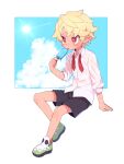  1boy absurdres black_shorts blonde_hair collared_shirt disgaea emizel_(disgaea) food green_footwear highres himawari_(kawaisounaedesu) loose_necktie makai_senki_disgaea_4 male_child male_focus necktie popsicle red_eyes red_necktie shirt shoes shorts solo sun sweat 