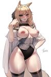  absurdres animal_ear_fluff animal_ears arknights artist_name ass_visible_through_thighs black_thighhighs blonde_hair blue_eyes blush breasts cape cowboy_shot hand_on_own_hip hand_up highres horse_ears large_breasts long_hair looking_at_viewer nipples nose_blush parted_lips simple_background solo thighhighs tierla topless whislash_(arknights) white_background white_cape 