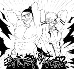  2boys abs arms_behind_head bara black_hair blank_eyes chinese_text cowboy_shot flexing greyscale grin highres jujutsu_kaisen large_pectorals looking_at_viewer male_focus monochrome multiple_boys muscular muscular_male navel nipples pectorals poopvirus ryoumen_sukuna_(jujutsu_kaisen) sanpaku scar scar_across_eye short_hair sideburns smile stomach thick_eyebrows toned toned_male topless_male toudou_aoi_(jujutsu_kaisen) translation_request v-shaped_eyebrows v-taper 