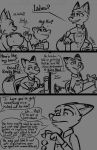  2022 anthro canid canine chair cigarette clothing comic dialogue disney felid feline female fox furniture group hi_res lynx mammal mephitid monochrome mrs._wilde mustelid otter red_fox simple_background skunk speech_bubble table tangerine_(artist) uniform zootopia 