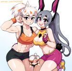  3girls abs absurdres animal_ears arm_behind_head armpits black_eyes blush breasts chibi cleavage cleavage_cutout clothing_cutout dashi fingerless_gloves gloves grey_hair hand_on_another&#039;s_hip highres kneeling long_hair looking_at_viewer multicolored_hair multiple_girls muscular muscular_female orange_hair original pink_eyes rabbit_ears rabbit_tail shoes shorts smile sneakers sweatband tail tank_top toned white_hair 