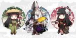  3girls :d animal_ears anklet bat_hair_ornament black_collar black_footwear black_hair black_kimono black_skin blue_eyes blunt_bangs blunt_ends brown_footwear chibi collar colored_skin dango epiphyllum final_fantasy final_fantasy_xiv flower folding_fan food full_body green_kimono grey_background grey_eyes hair_flower hair_ornament hair_stick hand_fan hand_on_own_hip hat highres holding holding_fan holding_food holding_smoking_pipe hyur inrou japanese_clothes jewelry kimono kiseru long_hair looking_at_viewer mole mole_under_mouth multicolored_hair multicolored_skin multiple_girls multiple_persona nama014 obi obiage obijime okobo open_mouth purple_kimono rabbit_ears rice_hat sandals sash seigaiha smile smoking_pipe split-color_hair standing straight_hair straw_hat tiara tsukuyomi_(ff14) two-tone_hair two-tone_skin wagashi white_hair white_skin yotsuyu_goe_brutus 