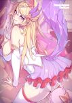  1girl ahri_(league_of_legends) animal_ears arm_support artist_name bare_shoulders blonde_hair blush breasts darklux detached_sleeves facial_mark fox_ears fox_girl fox_tail from_side hand_up large_breasts league_of_legends long_hair looking_at_viewer pillow pink_eyes pink_skirt red_skirt skirt smile solo star_guardian_(league_of_legends) star_guardian_ahri tail thighhighs whisker_markings white_thighhighs 