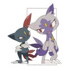  2girls :3 animal_ears animal_feet animal_hands arms_at_sides blue_fur body_fur chest_jewel claws closed_mouth commentary crossed_arms eye_contact fang flat_chest forehead_jewel full_body furry furry_female grey_fur happy head_tilt highres hisuian_sneasel looking_at_another looking_to_the_side multiple_girls multiple_tails open_mouth pokemon pokemon_(creature) purple_fur red_eyes simple_background size_difference smile sneasel standing tail takashi_(pixiv_80298118) two-tone_fur white_background yellow_gemstone 