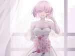  1girl alternate_costume bare_shoulders bouquet breasts bridal_veil cleavage commentary_request curtains dress fate/grand_order fate_(series) floating_hair flower grin hair_over_one_eye highres holding holding_bouquet indoors jewelry large_breasts light_purple_hair looking_at_viewer mash_kyrielight necklace one_eye_closed pink_flower pink_rose rose see-through see-through_cleavage short_hair smile solo strapless strapless_dress tearing_up tp-sakura-k veil wedding_dress white_dress 