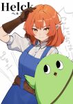  1girl belt black_eyes blue_dress brown_gloves copyright_name dress elbow_gloves gloves helck highres open_mouth orange_eyes orange_hair piwi pointy_ears ramachiru short_sleeves smile standing vermilio_(helck) white_background 