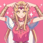 1girl arms_up belt blonde_hair bracelet closed_mouth double_v earrings elf gold_bracelet highres hoshino_ai&#039;s_pose jewelry long_hair looking_at_viewer miri_(cherryjelly) necklace oshi_no_ko parody pink_theme pointy_ears princess_zelda short_sleeves simple_background solo the_legend_of_zelda the_legend_of_zelda:_a_link_between_worlds tiara tongue tongue_out v yellow_eyes 