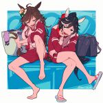  2girls ahoge animal_ears bag barefoot bench black_hair blue_eyes brown_hair closed_eyes clothes crossed_legs ear_covers feet hair_ornament hairclip hat head_rest highres horse_ears horse_girl horse_tail jacket jacket_around_neck katsuragi_ace_(umamusume) laundry_basket long_hair looking_at_another mini_hat mini_top_hat mr._c.b._(umamusume) multicolored_hair multiple_girls open_clothes open_jacket open_mouth ponytail red_shorts sandals school_bag shirt short_hair shorts sitting smile streaked_hair tail teddy_(takarada) toes top_hat towel towel_around_neck tracen_training_uniform twitter_username umamusume v-shaped_eyebrows washing_machine wet_hat white_shirt 