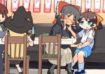  114514 1boy 3girls black_hair black_ribbon black_shirt blonde_hair blue_footwear blue_shorts blunt_bangs blush booth_seating bow brown_hair chair commentary_request cookie_(touhou) drink drunk frilled_bow frilled_hair_tubes frills full_body green_eyes grey_skirt hair_bow hair_ornament hair_tubes hakurei_reimu hand_on_another&#039;s_shoulder highres indoors kirisame_marisa leftame long_hair long_sleeves looking_at_another multiple_girls neck_ribbon nose_blush open_mouth red_bow ribbon rurima_(cookie) sananana_(cookie) shirt short_hair short_sleeves shorts sidelocks sitting skirt smile sn_(zigzagspark6)_(character) socks star_(symbol) star_hair_ornament suzu_(cookie) table touhou triangle_mouth white_shirt white_socks 