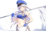  1girl au_ra bandeau bare_shoulders black_panties blue_gloves blue_headwear breasts commission dragon_girl dragon_horns dragon_tail final_fantasy final_fantasy_xiv flag gloves grey_hair grin hand_on_own_hip hand_up hat heterochromia highleg highleg_panties highres holding holding_flag horns long_hair medium_breasts multicolored_hair navel panties peaked_cap ponta_(velmar) purple_eyes red_hair scales simple_background skeb_commission skirt smile solo strapless streaked_hair swept_bangs tail tube_top underwear very_long_hair white_background white_flag white_skirt yellow_eyes 