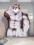  abs absurd_res anthro balls brown_body brown_fur brown_pubes canid canine canis chest_tuft drying e_alpine foreskin fur genitals hi_res horkeu_kamui_(tas) lifewonders locker_room male mammal muscular muscular_male nipples partially_retracted_foreskin pecs penis pubes solo tokyo_afterschool_summoners towel tuft white_body white_fur wolf yellow_eyes 