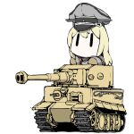  1girl bismarck_(kancolle) blonde_hair caterpillar_tracks chibi hat kantai_collection long_hair military military_vehicle motor_vehicle peaked_cap solid_eyes tank tank_turret task_(s_task80) tiger_i 