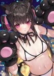  1girl animal_ear_fluff animal_ears animal_hands bikini black_hair blunt_bangs blush breasts cat_ears cat_paws english_commentary gloves highres long_hair looking_at_viewer navel niyun_(n_niyu) open_mouth paw_gloves paw_pose pink_eyes senki_zesshou_symphogear shiny_skin side-tie_bikini_bottom small_breasts solo swimsuit tsukuyomi_shirabe twintails white_bikini 