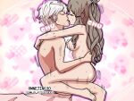  1boy 1girl ass bed_sheet breasts brown_hair closed_eyes completely_nude fire_emblem fire_emblem_awakening hetero hug kiss large_breasts long_hair mnejing30 motion_lines nude robin_(fire_emblem) robin_(male)_(fire_emblem) sex sitting sound_effects sumia_(fire_emblem) sweat white_hair 