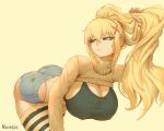  1girl artist_name ass bent_over biting blonde_hair blue_eyes breasts casual cleavage covered_nipples cowboy_shot cutoffs darkness_(konosuba) denim denim_shorts hair_between_eyes half-closed_eyes hanging_breasts highleg highleg_panties holding_hands huge_breasts kono_subarashii_sekai_ni_shukufuku_wo! lip_biting long_hair long_sleeves looking_back micro_shorts noaqin panties panty_straps ponytail ribbed_shirt shirt short_shorts shorts shrug_(clothing) sidelocks simple_background sports_bra striped striped_thighhighs taut_clothes thighhighs turtleneck underwear wide_hips yellow_background 