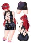  1girl ass back_cutout black_dress breasts cleavage cleavage_cutout clothing_cutout dan_koflove dress hair_over_eyes halter_dress halterneck highres multiple_views ponytail red_hair shermie_(kof) solo the_king_of_fighters white_background 