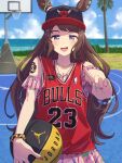  #summer_#besties_(umamusume) 1girl adapted_costume air_jordan animal_ears ball baseball_cap basketball_(object) basketball_hoop basketball_jersey black_headwear blue_nails blush bracelet brown_hair chicago_bulls cosplay hat highres holding holding_ball horse_ears jewelry long_hair michael_jordan michael_jordan_(cosplay) multicolored_nails name_connection national_basketball_association pointing pointing_up purple_eyes red_nails red_shirt shirt sleeveless sleeveless_shirt smile solo tosen_jordan_(aurore_vacances)_(umamusume) tosen_jordan_(umamusume) umamusume very_long_hair yazawa_happyaro 